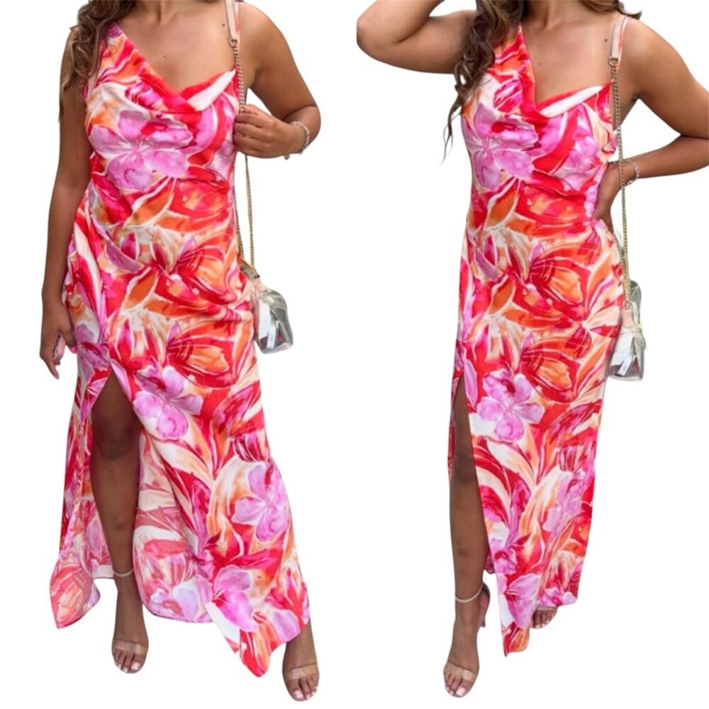 NEXT/UP Asymmetric Strap Watercolor Floral Slit Slip Maxi Formal Dress Sz‎ 11/12
